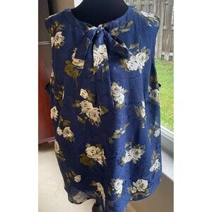 Talbots SZ 2XP Navy Blue Floral Sleeveless Tie Neck Floral Blouse Mature Cottage